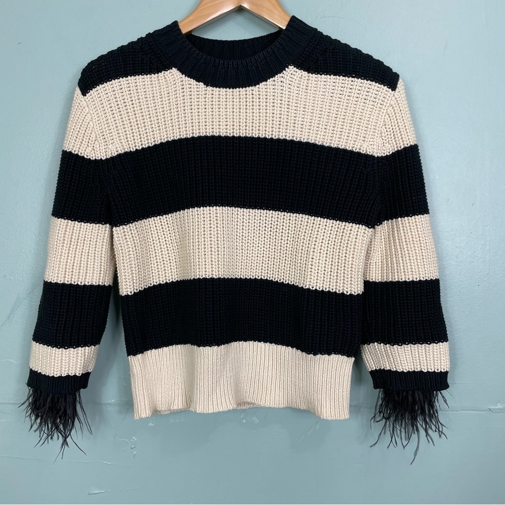 J.Crew Collection Feather Trim Crewneck Sweater Knitted Stripped Black Off White